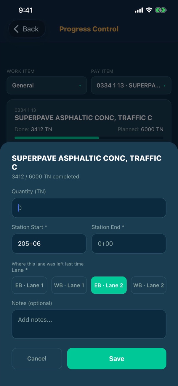 Hobon progress capture on iPhone: quantity, station start and end, and lane for a Superpave pay item.